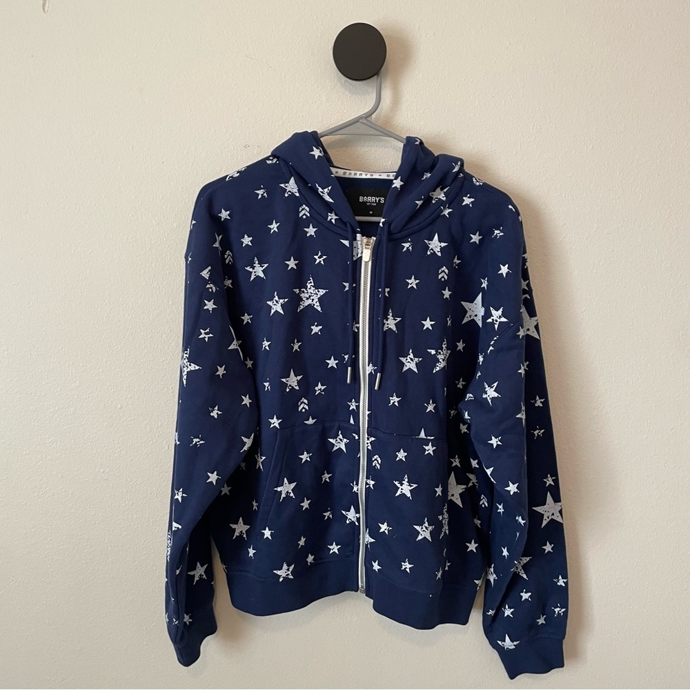 Barry’s Boot Camp Blue White Star Print Hooded Zip Sweatshirt Size Medium